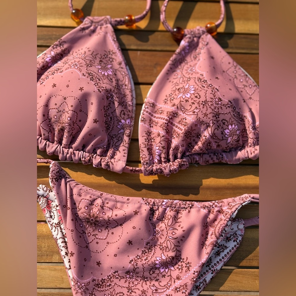 SMALL NWT Paisley Pink Blush Cream Mauve Reversible Adjustable String Bikini - Picture 3 of 10